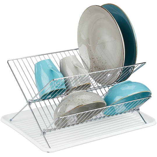 Relaxdays - dish drainer with drip tray, foldable drying rack, kitchen draining rack, plate rack, metal, drainer in white