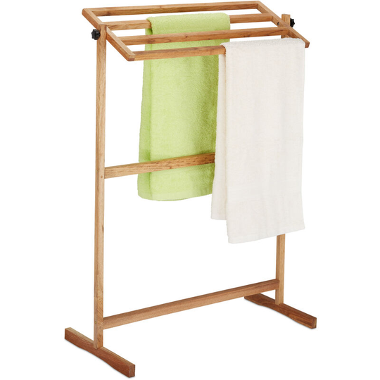 Relaxdays Free-Standing Walnut Wood Towel Holder, HxWxD: 98 x 66 x 31 cm, Airing Stand for Laundry and Clothes, Natural