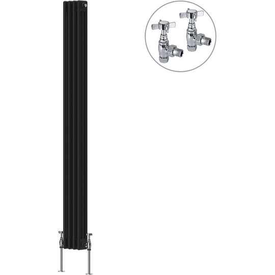 Black Traditional Cast Iron Style Radiator with Chrome Angled Cross Head Manual Valves Vertical 3 Column 1800x202mm