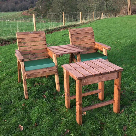Charles Taylor Deluxe Wooden Garden 2x Armchair Chair Coffee Table Green Cushion
