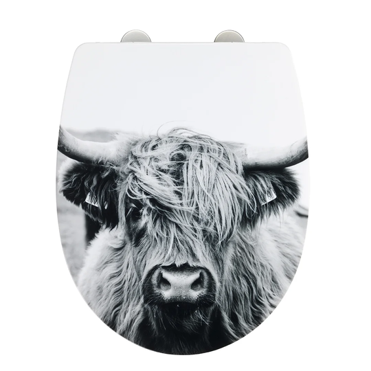 Yak toilet seat with high-gloss surface, toilet seat with soft-closing mechanism, quick-fastening, made of break-resistant thermoplastic material