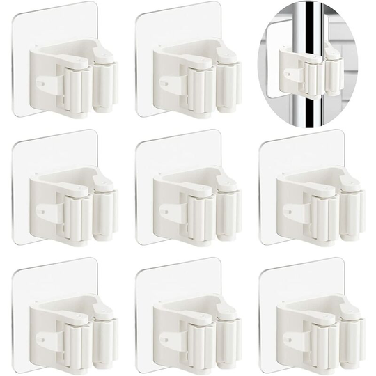 Wall Mounted Broom Holder Without Drilling, 8 Pieces Adhesive Wall Mounted Broom Holder Wall Mounted Broom Holder for Kitchen Bathroom Garden (White)
