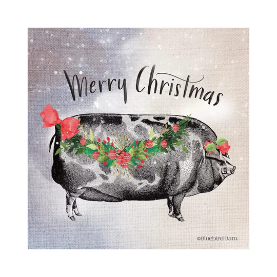 Vintage Christmas Be Merry Pig by Bluebird Barn - Wrapped Canvas Painting