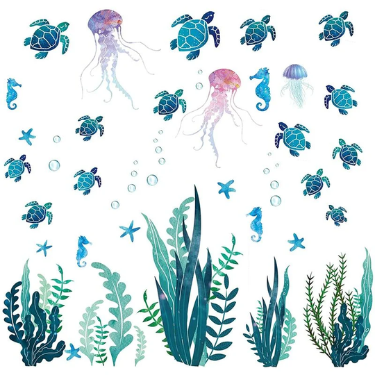 2 Sets Under The Sea Wall Decals Sea Turtle Ocean Grass Wall Stickers Seaweed Jellyfish Bubbles Peel and Stick Wall Decal Underwater Wall Decoration