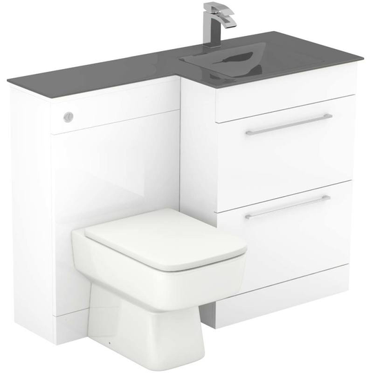 Wholesale Domestic - Venice Square Grey Glass 1100mm Right Hand 2 Drawer Gloss White Vanity Unit Toilet Suite - White
