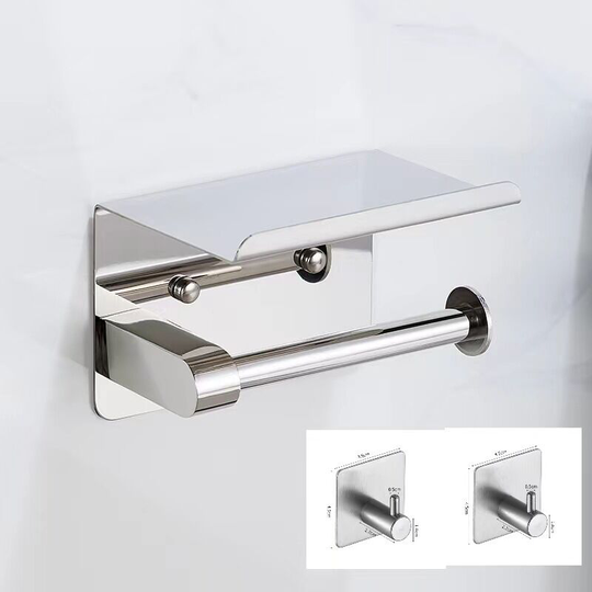 Toilet Paper Holder with Phone Shelf + 2 Robe Hooks, Wall Mounted Stainless Steel Toilet Roll Holder (Silver), Double Sided Adhesive No Drill or Wall