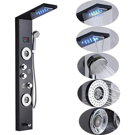 Stainless Steel Shower system Shower Panel with lcd Display and Massage Jets Hydromassage Shower Column,Black