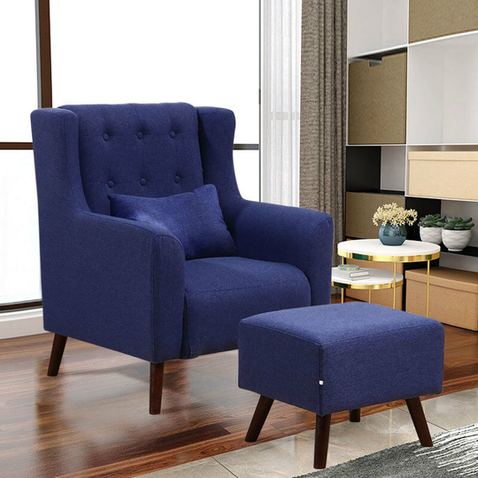 Linen Wingback Armchair And Footstool, Dark Blue - Livingandhome