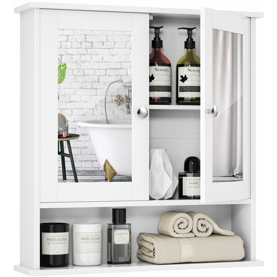 Bathroom Wall Storage Cabinet Wooden Hanging Medicine Organizer w/ 2 Mirror Door
