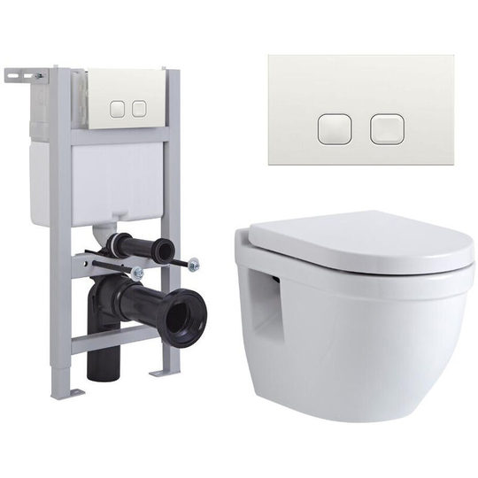 Milano - Newby - White Ceramic Modern Bathroom Wall Hung Round Toilet wc with Short Wall Frame, Dual Flush Cistern, Soft Close Seat and Square White