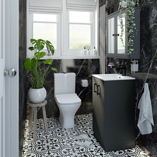 Orchard Lea soft black floorstanding vanity unit with black handle 420mm and Derwent square close coupled toilet suite - Black