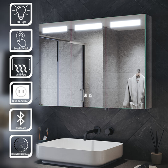 Led Bathroom Mirror Cabinet with Shaver Socket and Bluetooth Speakers Stainless Steel Cabinet with Dimmable Brightness + Sensor Touch + Demister Pad