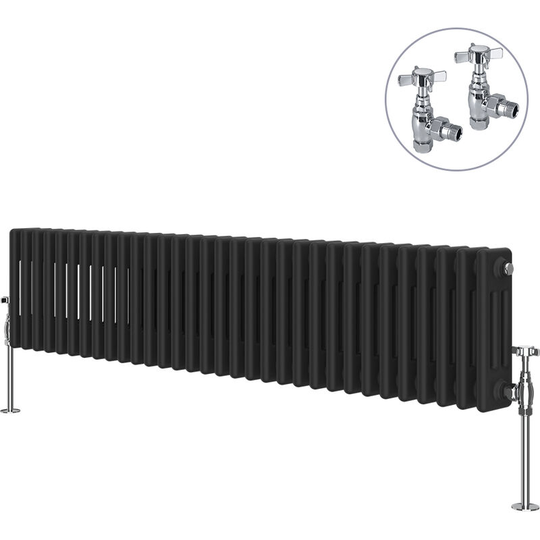 NRG - Black Traditional Cast Iron Style Radiator with Chrome Angled Cross Head Manual Valves Horizontal 3 Column 300x1462mm