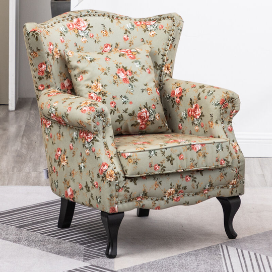 Floral Wingback Armchair with Thick Cushion and Pillow - Livingandhome
