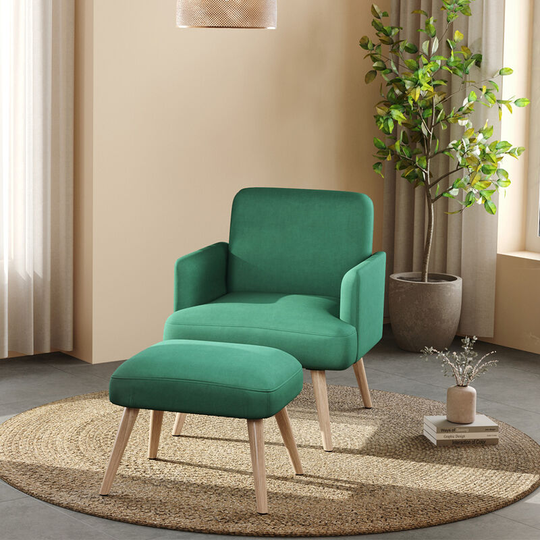Dark Green Velvet Armchair Chair with Footstool - Livingandhome