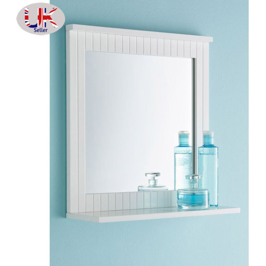 White Wall Mirror - Lines Design With Shelf - Bathroom Mirror - White