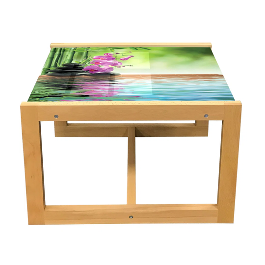 Spa Coffee Table, Orchid Flowers Pebble Stones And Bamboo On Water Image, Acrylic Glass Center Table With Wooden Frame For Offices Dorms Fern Green Fu