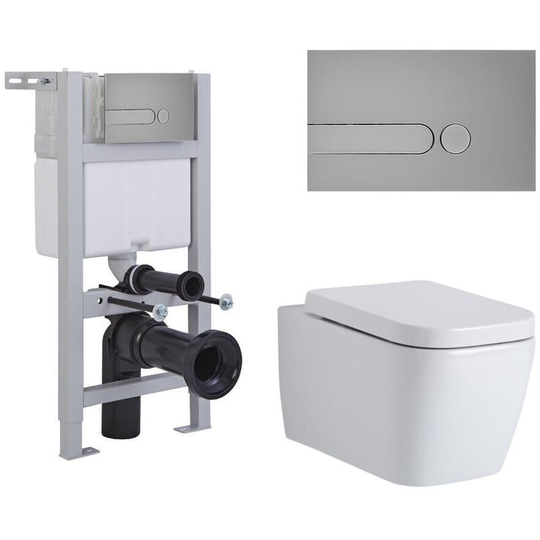 Milano - Longton - White Ceramic Modern Bathroom Wall Hung Square Toilet wc with Short Wall Frame, Dual Flush Cistern, Soft Close Seat and Dot Satin