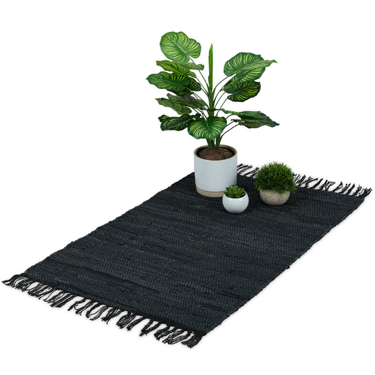 Relaxdays - Leather & Cotton Runner Rug, Carpet with Fringes, Non-slip, Decor for Living Room, Bedroom or Hallway, Black
