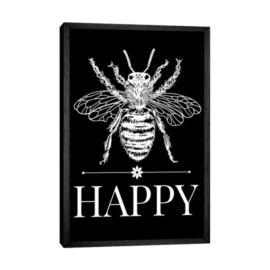 Bee Happy Vintage Bee Illustration On Black - Print on Canvas