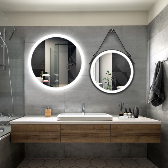 Bathroom led Mirror Modern Wall Mounted Round Bathroom Mirror 800x800mm Acrylic Frame + 600x600mm Black Frame Both with Demister Pad - Elegant