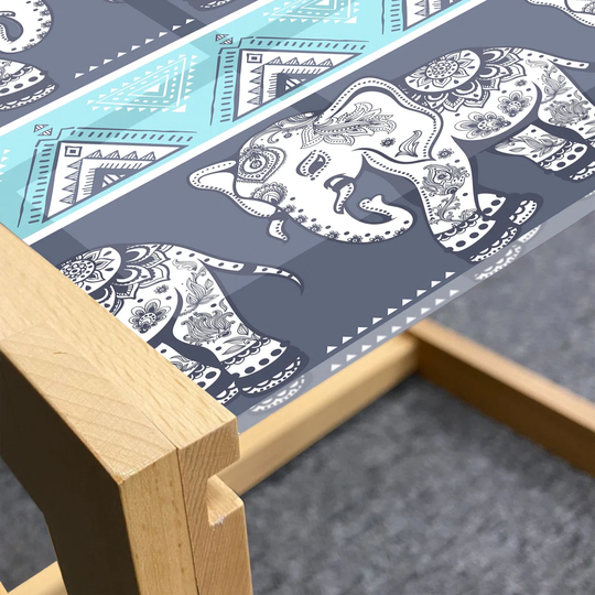 Bohemian Coffee Table, Far Eastern Elephants Pattern Culture Animal Symbolism Ethnic Art, Acrylic Glass Center Table With Wooden Frame For Offices Dor