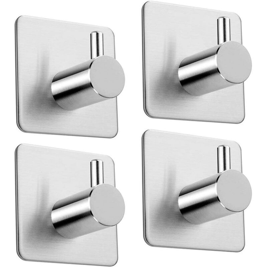 4 Pieces Adhesive Hook, 8kg Max Stainless Steel Bathroom Wall Hook, Towel Holder with Adhesive Tape, Family and Office, Self Adhesive