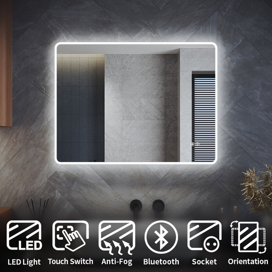 Elegant - Bathroom led Mirror 800 x 600 mm Acrylic Framed Bluetooth Bathroom Mirror with Shaver Socket, Demister Pad, Hook, Adjustable Brightness,