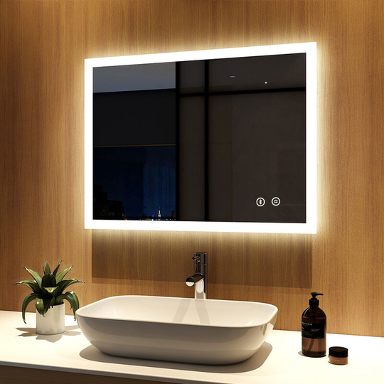 Meykoers LED Illuminated Bathroom Mirror 80x60cm with Bluetooth and Demister Pad, Wall Mounted Bathroom Mirrors with 3 Light Colors andShaver Socket