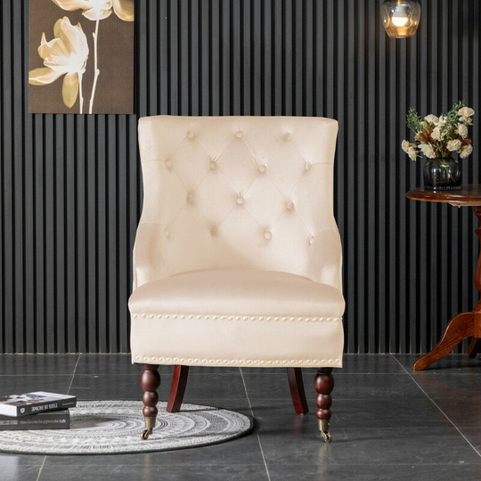 Upholstered Tufted Velvet accent Armchair in Beige - Beige