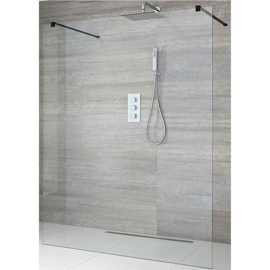 Nero - 1400mm Floating Glass Walk In Wet Room Shower Enclosure with Screen, Support Arms and 250mm Corner Shower Drain - Black - Milano