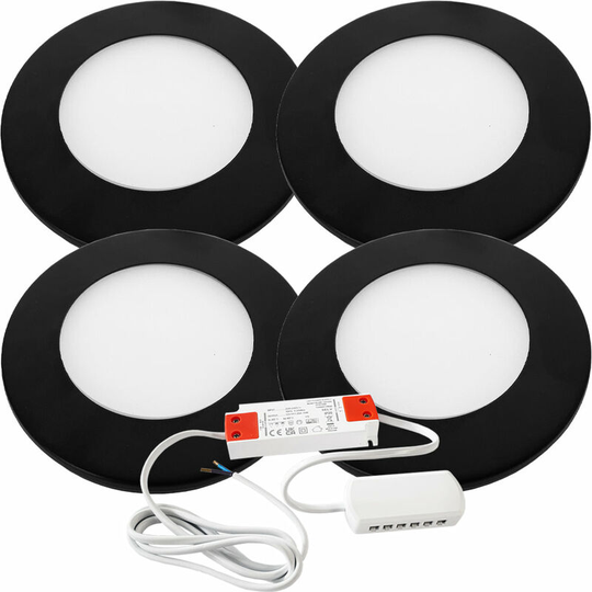 Loops - 4x matt black Ultra-Slim Round Under Cabinet Kitchen Light & Driver Kit - Warm White Diffused led