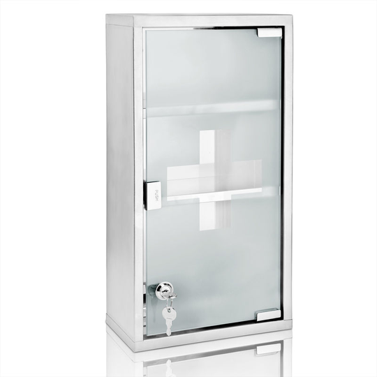 Medicine Cabinet Wall Mounted First Aid Lockable Glass Steel Cupboard Box 3 compartments - Deuba