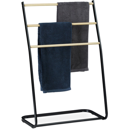 Standing Towel Holder, Metal, 3 Rails with Wooden Look, Clothes Valet, HxWxD 86x58x30 cm, Black - Relaxdays
