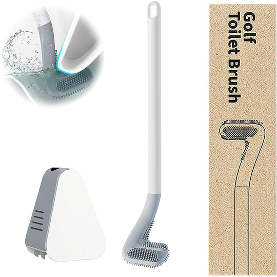 Golf Silicone Toilet Brush Long Handle Wall-Mounted Cleaning Toilet Brush with Holder Set (White)