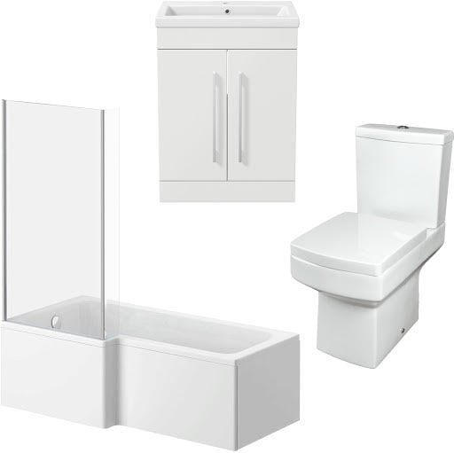 Royan Bathroom Suite with L Shape Shower Bath, Screen & Aurora Vanity Unit - Left Hand 1700mm