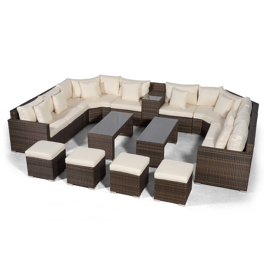 Villasenor Brown Rattan U Shape 8 Seat Sofa With 2 X 2 Stool Coffee Table & Drinks Cooler, Outdoor Patio Garden Furniture