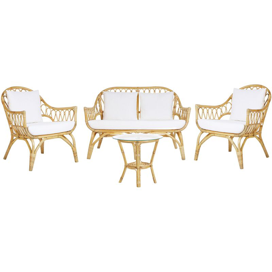 Rattan Indoor Outdoor Sofa Set 2 Armchairs Coffee Table White Cushions Sibari - Natural