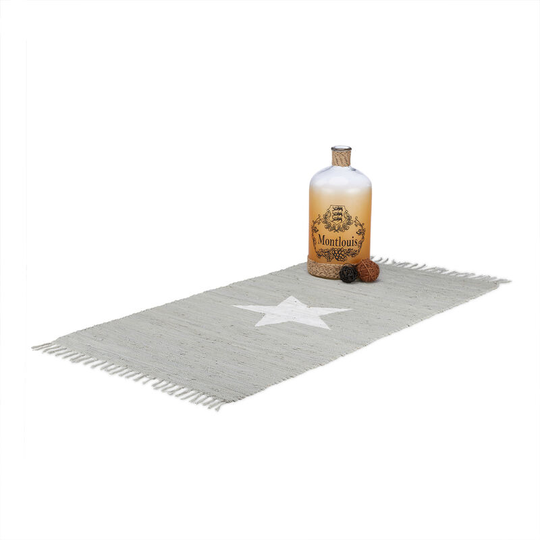 Rug Rag 70 x 140 cm with Star Motif made of 100% Cotton, with Fringes, Hallway Mat, Grey - Relaxdays