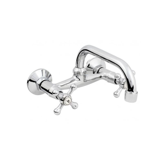 Chromed Brass Wall Mounted Mixer Faucet 20cm C-type Spout Tap with Retro Heads