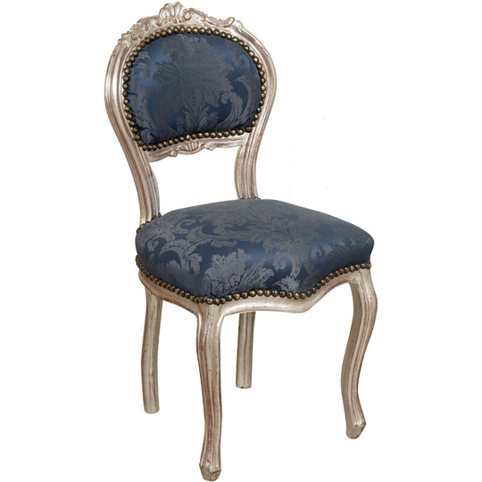 French Louis xvi style armchair in solid beech wood, silver and blue finish