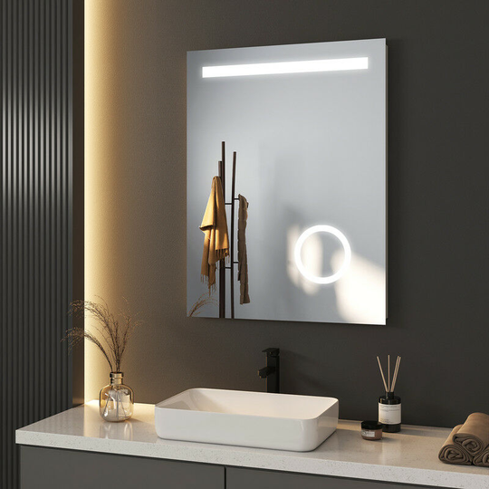 70x50cm led Illuminated Bathroom Mirror with Demister Pad and Touch, Wall Mounted led Bathroom Mirror with 2 colors light and Shaver socket