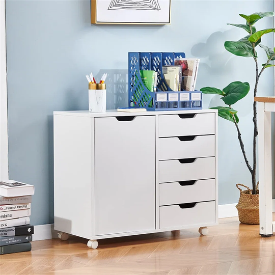 5 Drawers Mobile File Cabinet Wooden Lateral File Cabinet With Door & Drawer, Filing Cabinet Storage Cabinet Sideboard Printer Stand For Home Office (