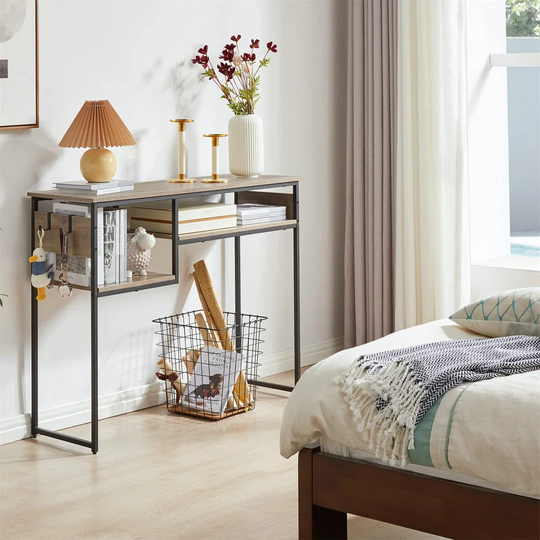 Industrial Console Table Narrow Sofa Table, Rustic Hallway Entryway Table With Storage Shelf And 2 Hooks, Side End Table For Living Room Entrance And