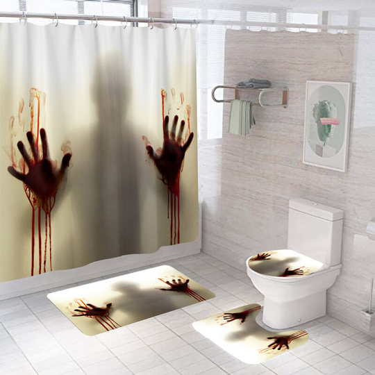 Bloody Handprint Halloween Shower Curtain Sets, Halloween Bathroom Decor Set 71 inch x 71 inch - Shower Curtain with Mat, Toilet Lid Cover, Bath Mat