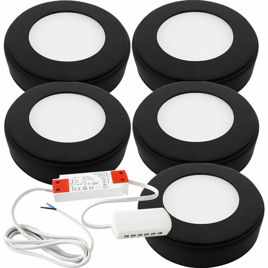 5x matt black Round Surface or Flush Under Cabinet Kitchen Light & Driver Kit - Natural White led