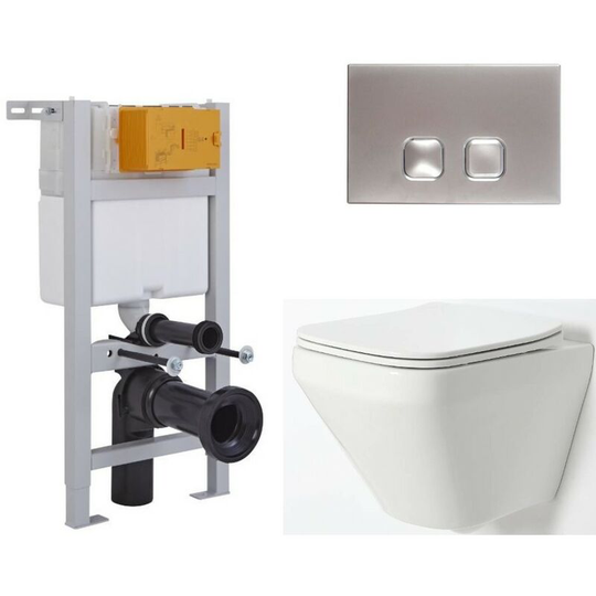 Milano Farington - White Ceramic Modern Bathroom Wall Hung Rimless Toilet with Short Wall Frame, Cistern and Chrome Square Flush Plate