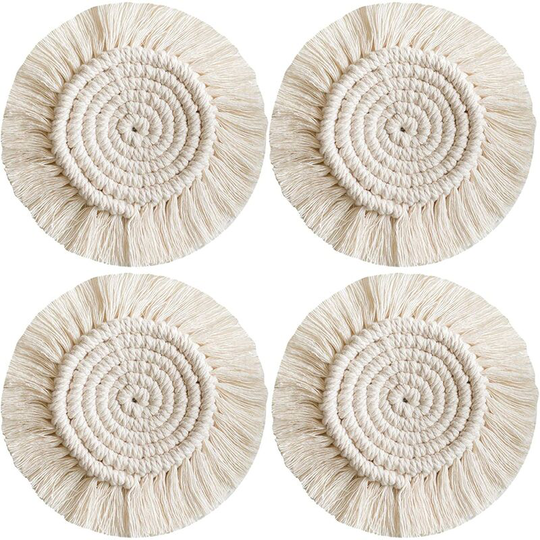 Perlerare - Braided Cotton Coaster Coaster Coffee Beer Mug Mat with Tassels Boho Table Decoration for Bar Restaurant