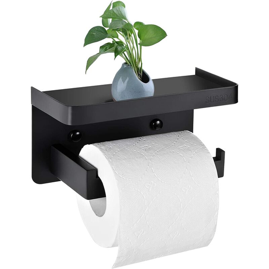 Self Adhesive Toilet Paper Holder, Wall Mounted Toilet Paper Holder with Stainless Steel Shelf, No Drilling Toilet Paper Holder for Bathroom and
