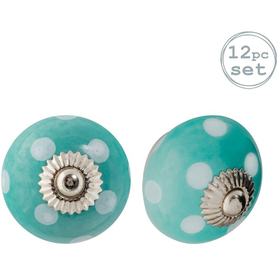 Round Ceramic Cabinet Knobs - Turquoise Spot - Pack of 12 - Nicola Spring